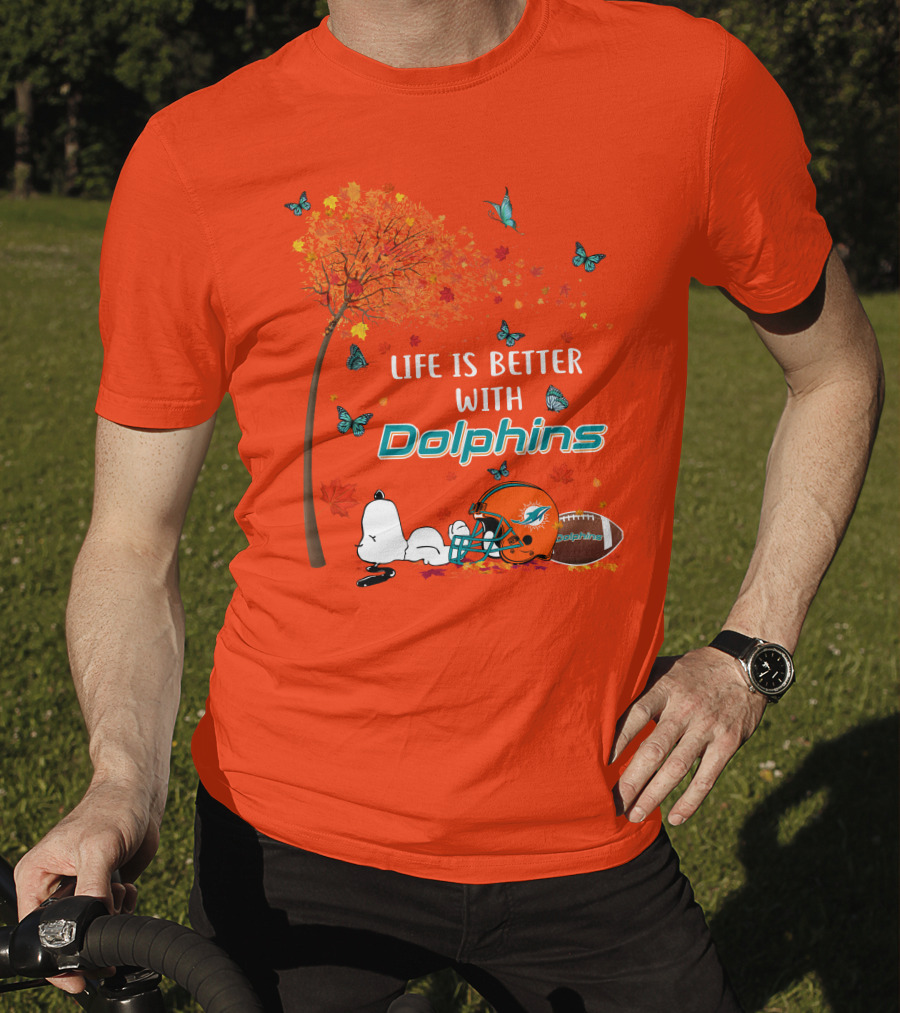 Life Is Better With Dolphins Miami Football Autumn Tree Snoopy Butterflies T-Shirt
