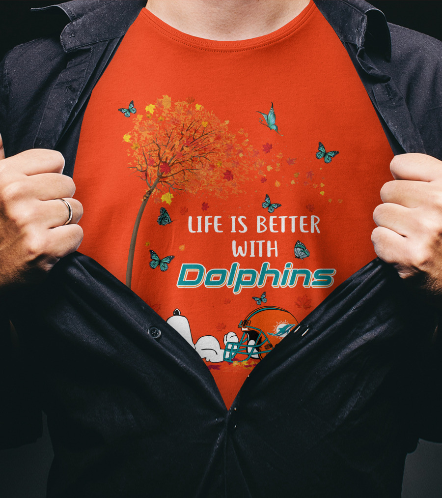 Life Is Better With Dolphins Miami Football Autumn Tree Snoopy Butterflies T-Shirt