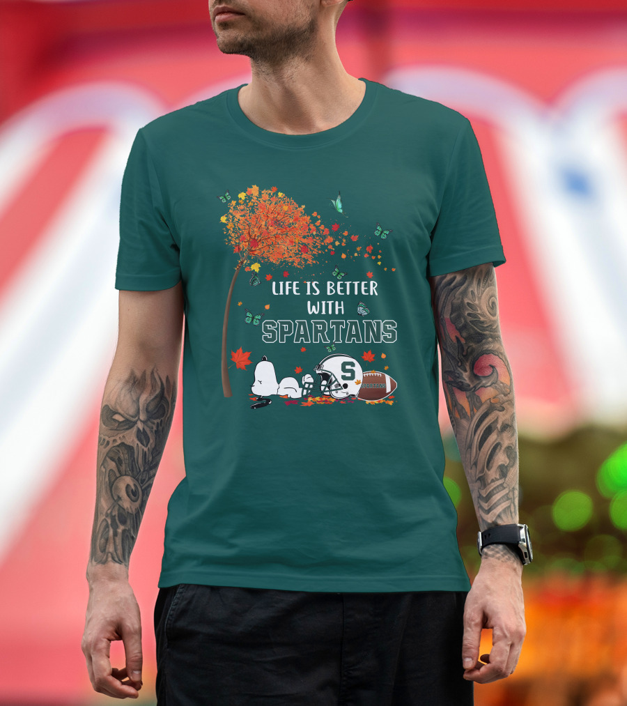 Life Is Better with Spartans Michigan State Football Autumn Leaves Butterflies T-Shirt