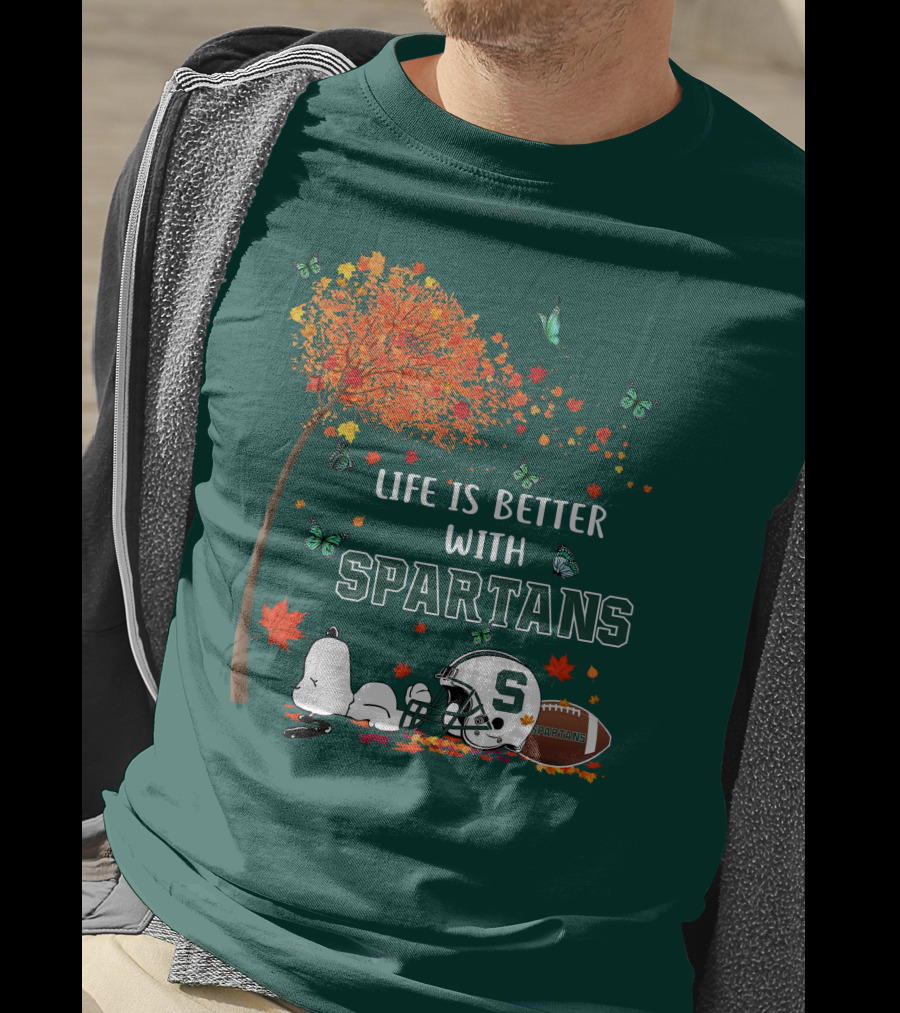 Life Is Better With Spartans Michigan State Football Autumn Leaves Butterflies T-Shirt