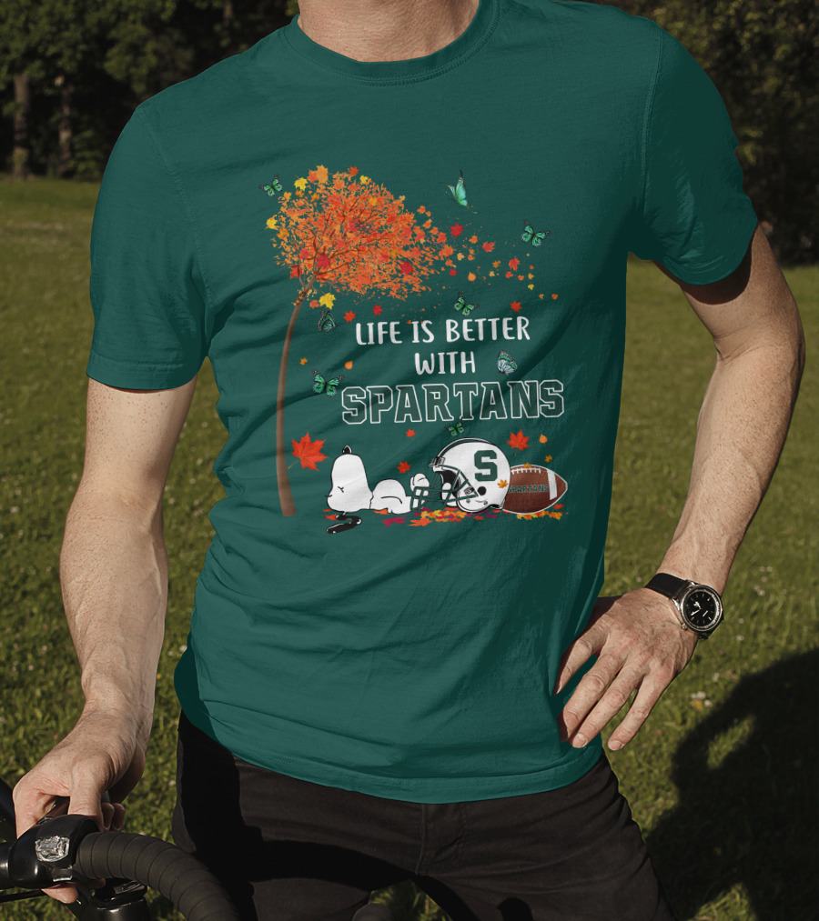 Life Is Better With Spartans Michigan State Football Autumn Leaves Butterflies T-Shirt