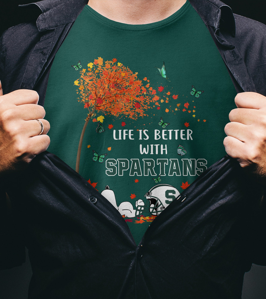 Life Is Better With Spartans Michigan State Football Autumn Leaves Butterflies T-Shirt