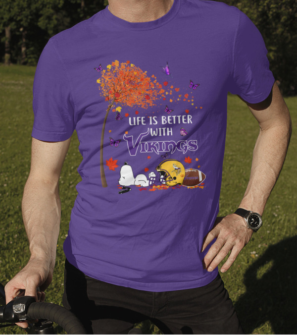 Life Is Better With Vikings Football And Autumn Leaves T-Shirt