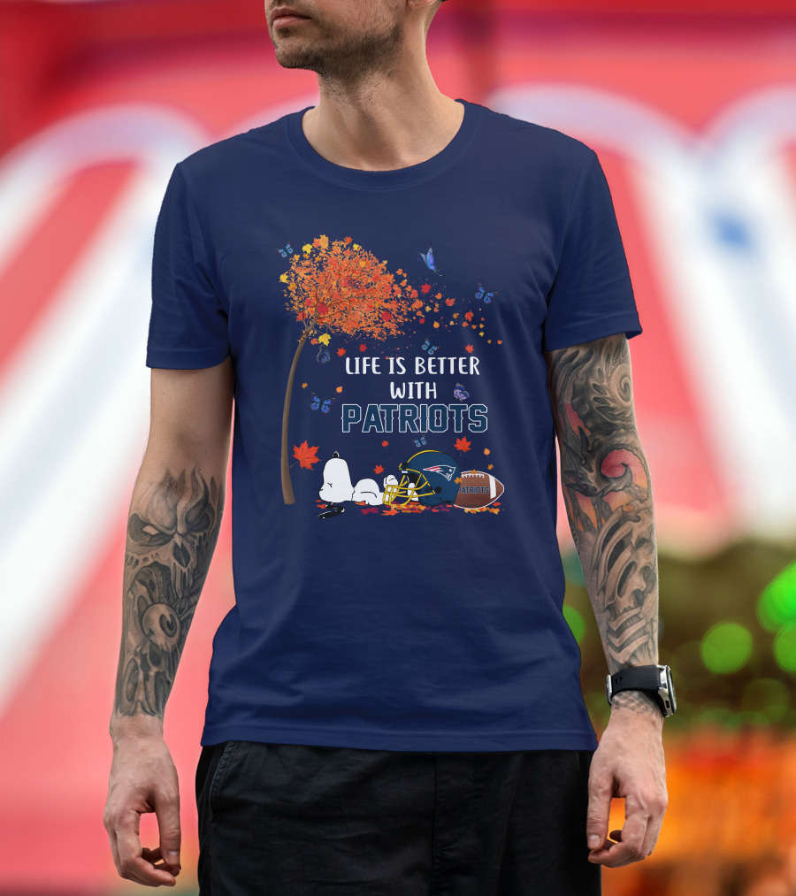 Life Is Better With Patriots New England Football Autumn Tree Butterfly T-Shirt