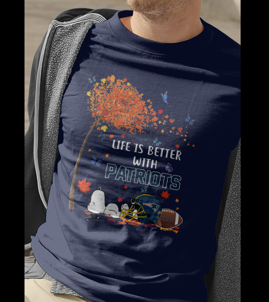 Life Is Better With Patriots New England Football Autumn Tree Butterfly T-Shirt