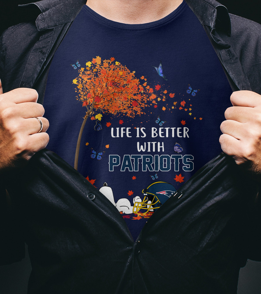 Life Is Better With Patriots New England Football Autumn Tree Butterfly T-Shirt