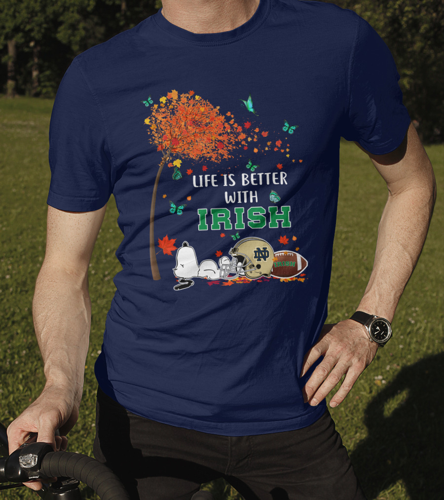 Life Is Better With Irish Autumn Leaves Football Helmet Snoopy Notre Dame T-Shirt