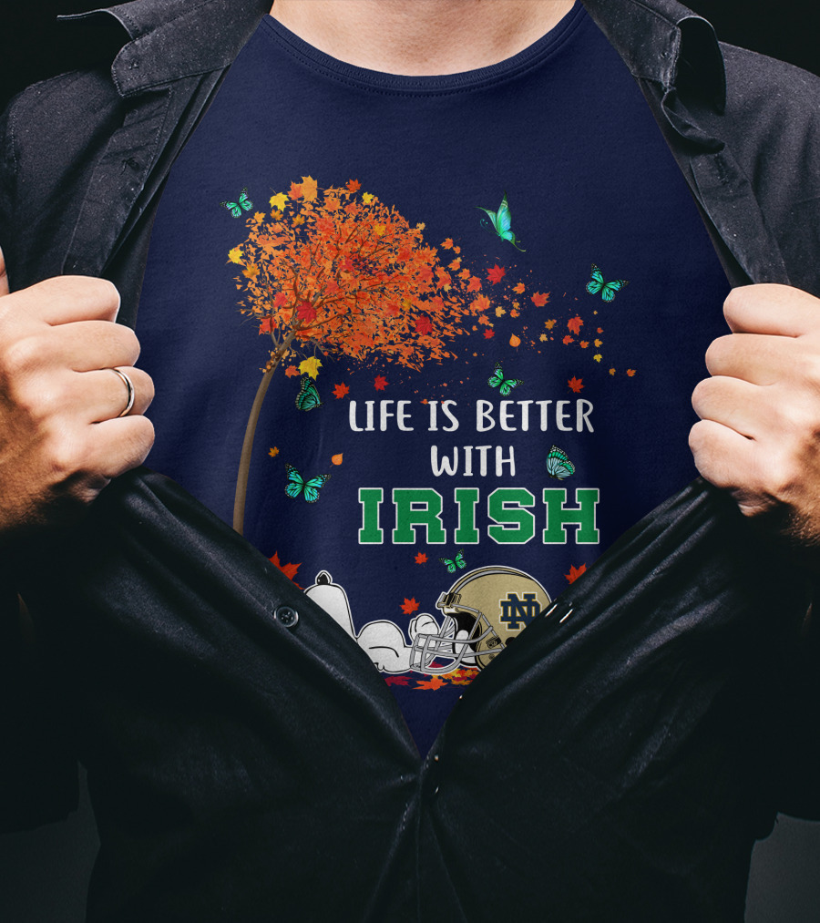 Life Is Better With Irish Autumn Leaves Football Helmet Snoopy Notre Dame T-Shirt