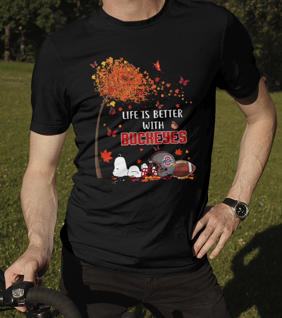 Life Is Better With Buckeyes Ohio State Football Autumn Leaves Butterflies T-Shirt