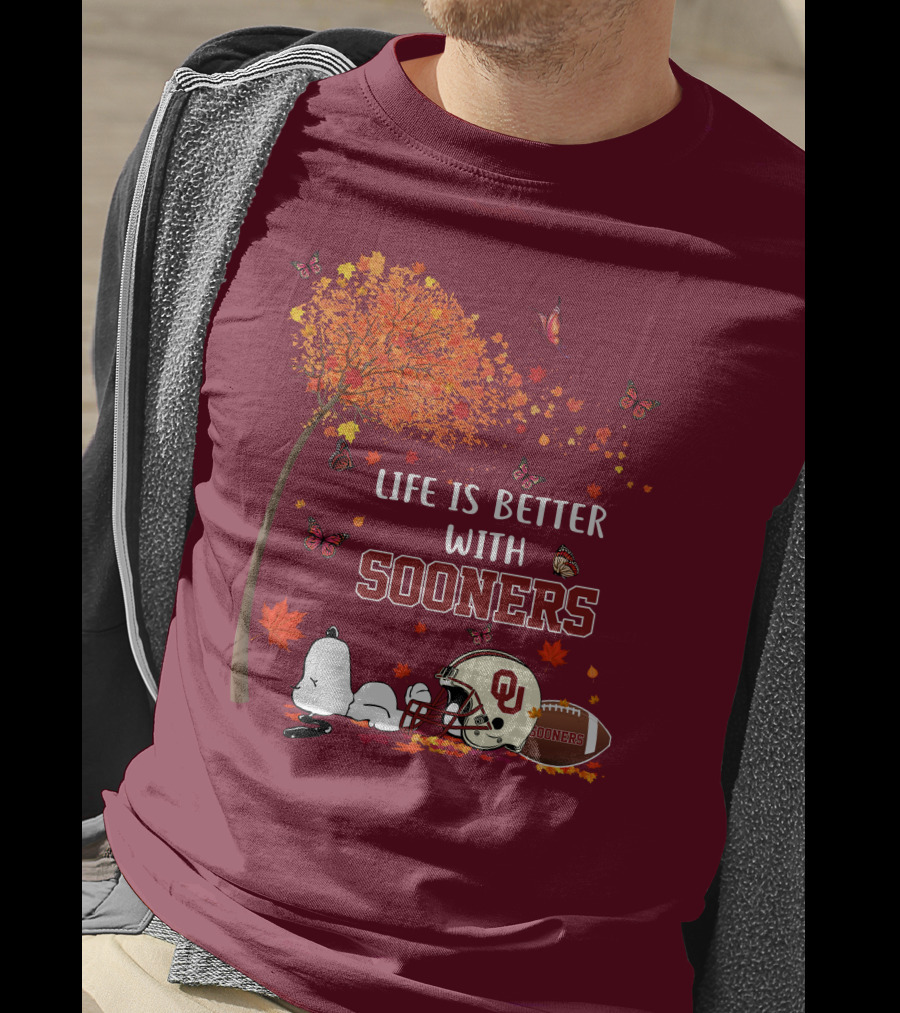Life Is Better With Sooners Football Autumn Leaves And Butterflies T-Shirt
