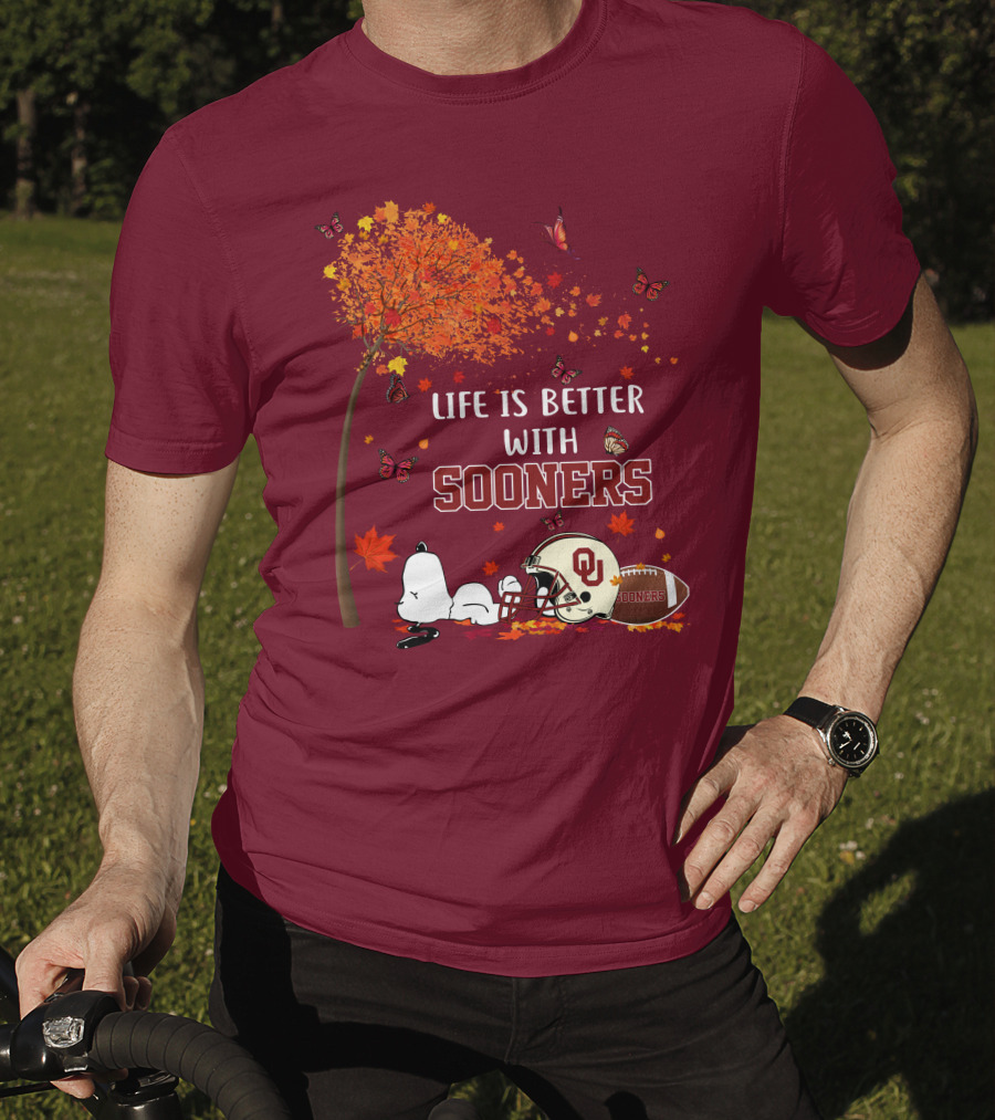 Life Is Better With Sooners Football Autumn Leaves And Butterflies T-Shirt