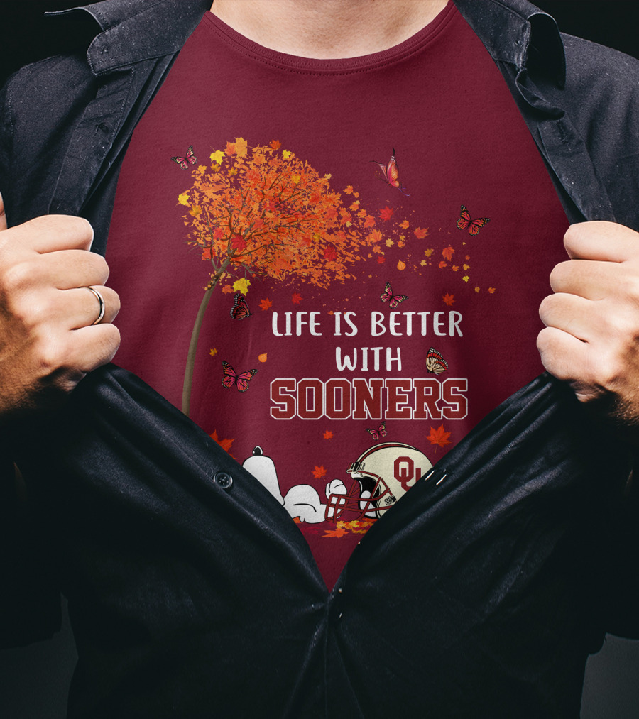 Life Is Better With Sooners Football Autumn Leaves And Butterflies T-Shirt