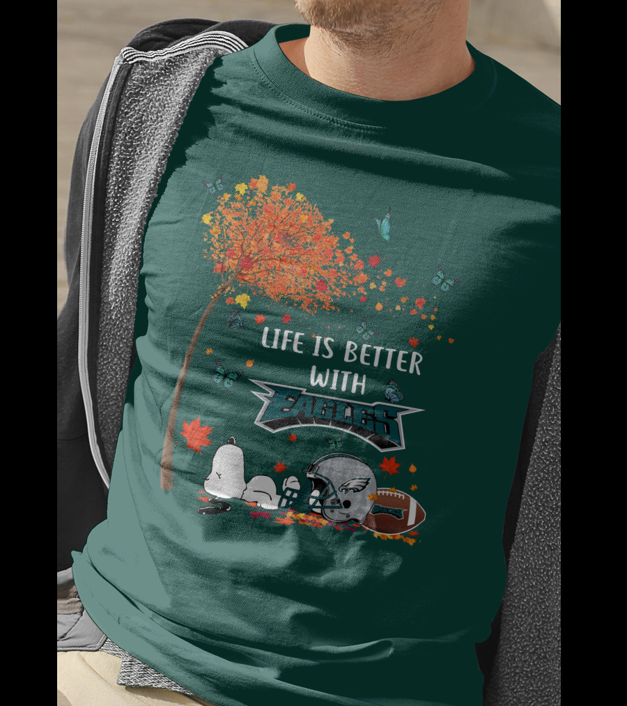 Life Is Better With Eagles Football Autumn Leaves And Butterflies T-Shirt