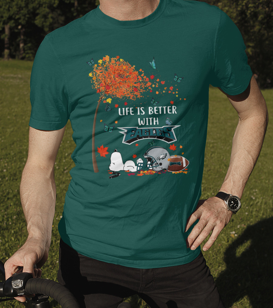 Life Is Better With Eagles Football Autumn Leaves And Butterflies T-Shirt