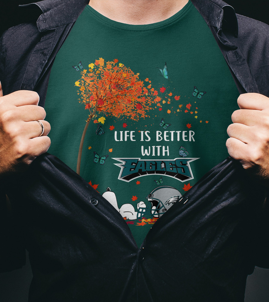 Life Is Better With Eagles Football Autumn Leaves And Butterflies T-Shirt