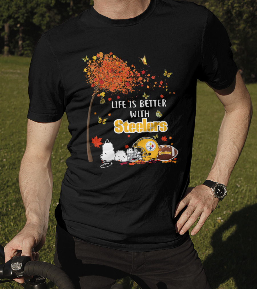 Life Is Better With Steelers Autumn Snoopy Football Helmet T-Shirt