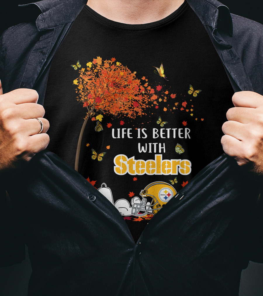 Life Is Better With Steelers Autumn Snoopy Football Helmet T-Shirt