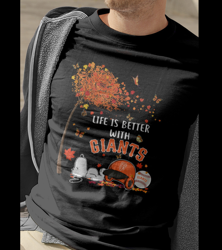 Life Is Better With Giants Snoopy Fall Leaves Baseball Cap T-Shirt