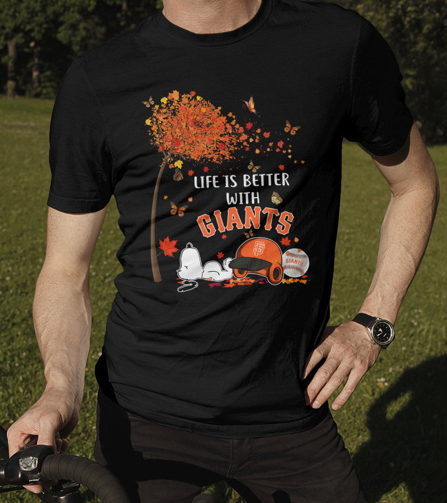 Life Is Better With Giants Snoopy Fall Leaves Baseball Cap T-Shirt