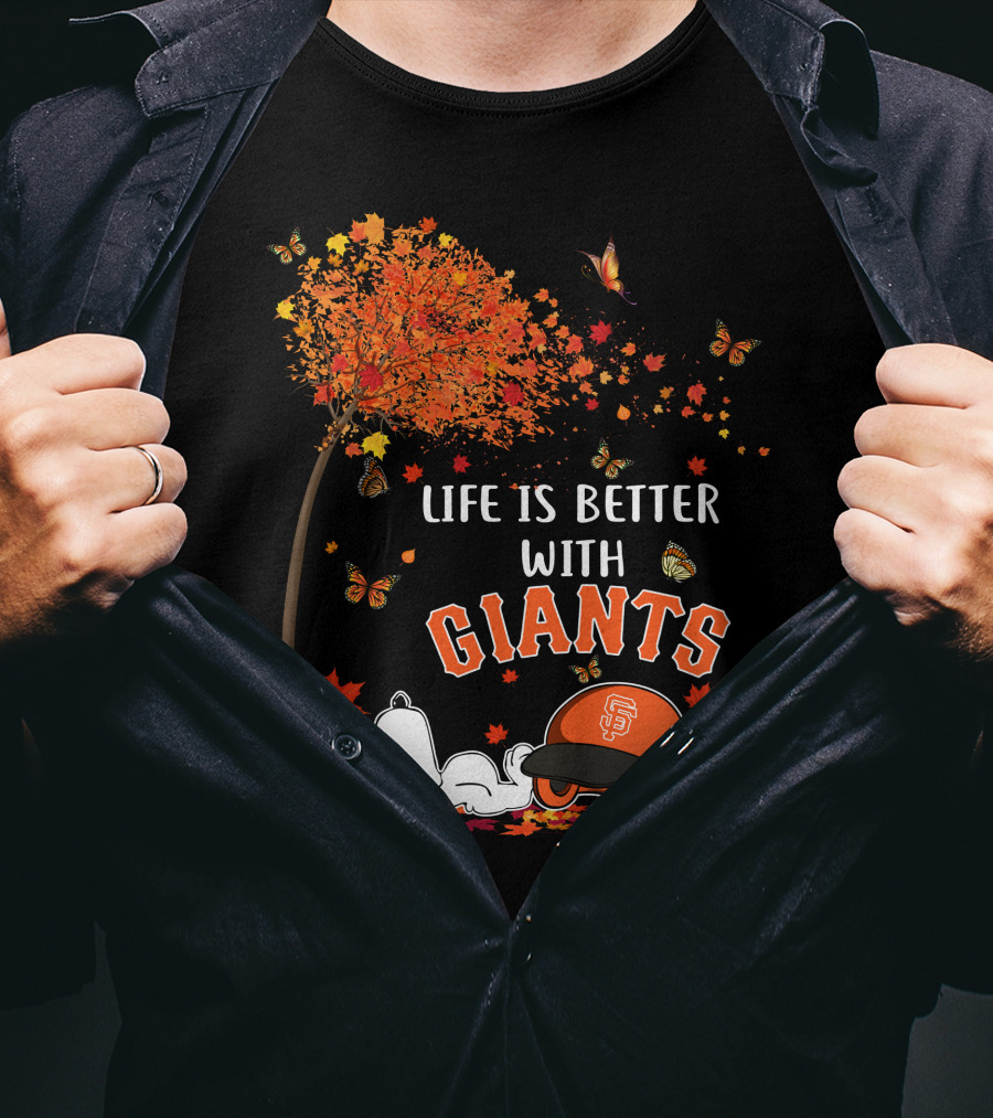 Life Is Better With Giants Snoopy Fall Leaves Baseball Cap T-Shirt