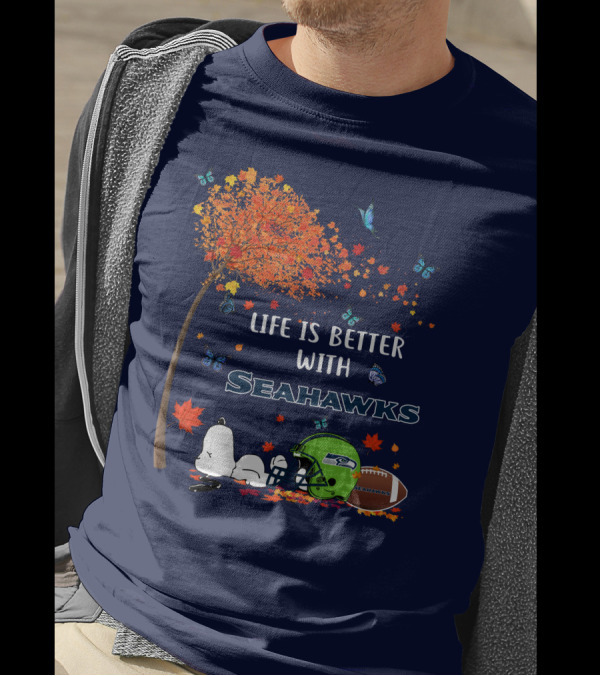 Life Is Better With Seattle Seahawks Autumn Leaves Football Helmet Snoopy And Woodstock T-Shirt