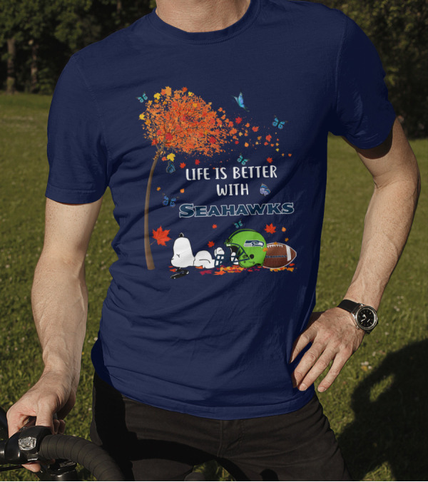 Life Is Better With Seattle Seahawks Autumn Leaves Football Helmet Snoopy And Woodstock T-Shirt