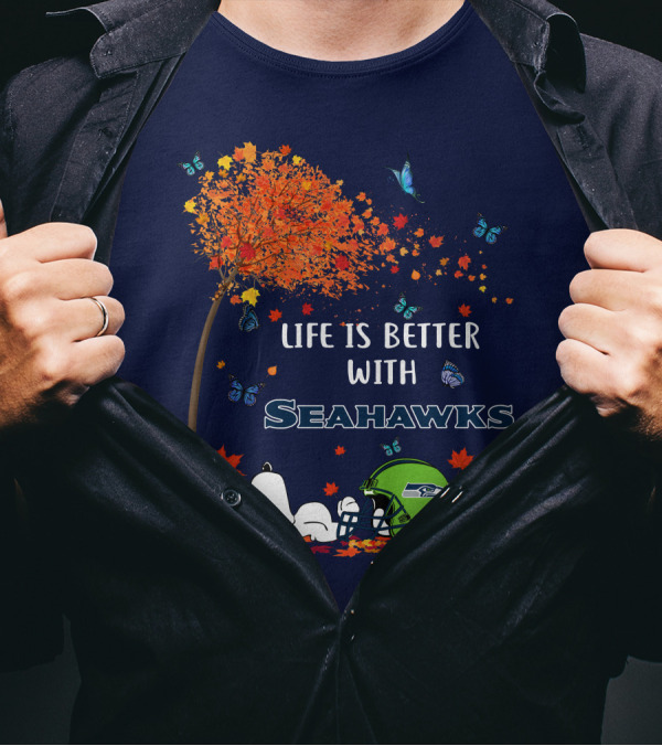 Life Is Better With Seattle Seahawks Autumn Leaves Football Helmet Snoopy And Woodstock T-Shirt