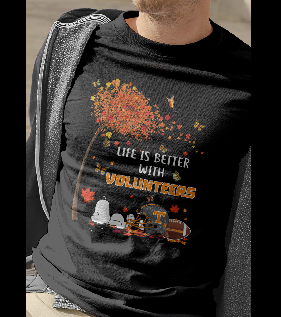Life Is Better With Volunteers Tennessee Football Autumn Leaves And Butterflies T-Shirt
