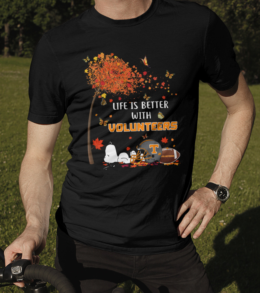 Life Is Better With Volunteers Tennessee Football Autumn Leaves And Butterflies T-Shirt
