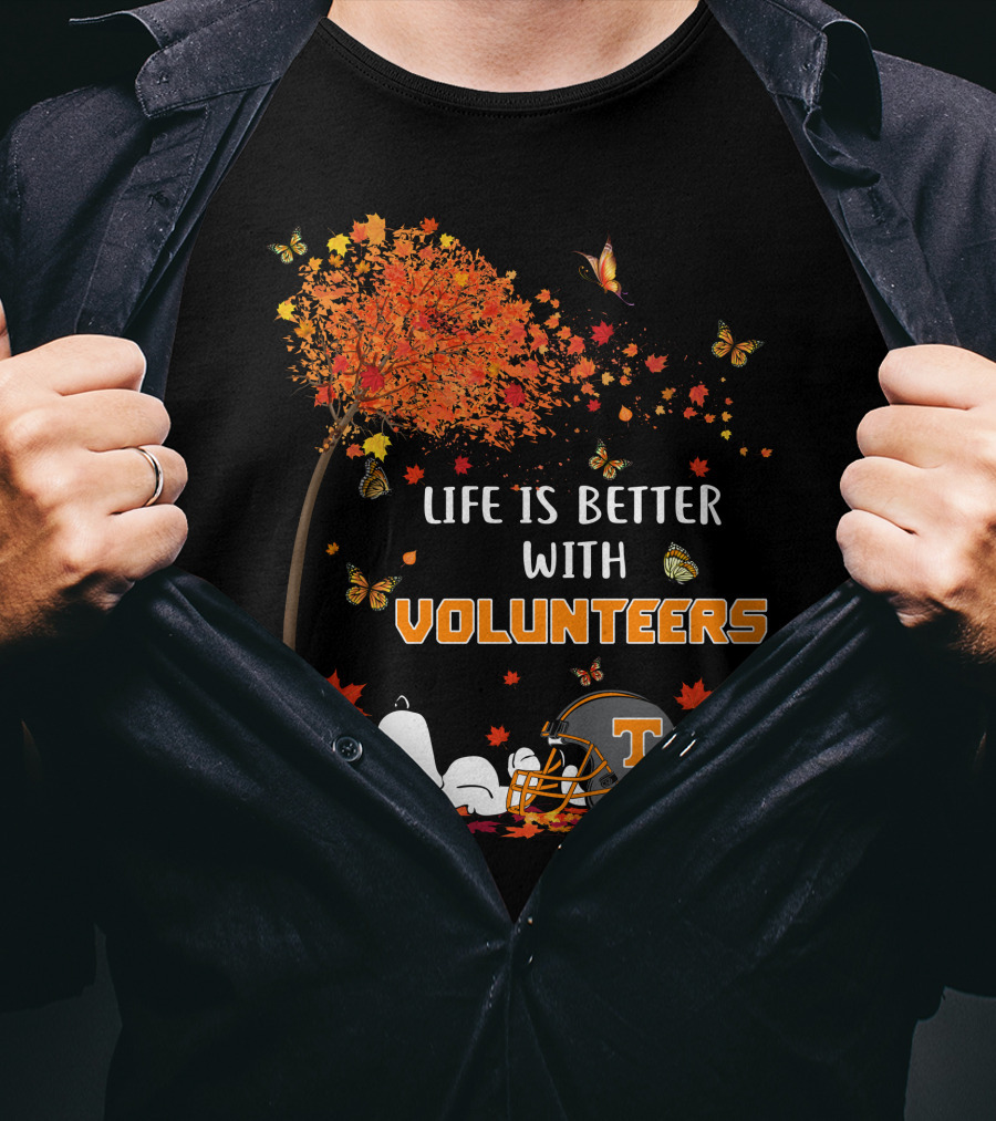 Life Is Better With Volunteers Tennessee Football Autumn Leaves And Butterflies T-Shirt
