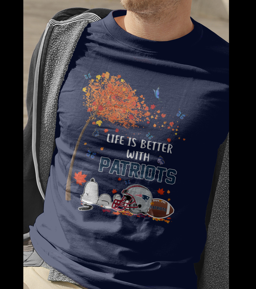 Life Is Better With Patriots New England Football Autumn Leaves And Snoopy T-Shirt
