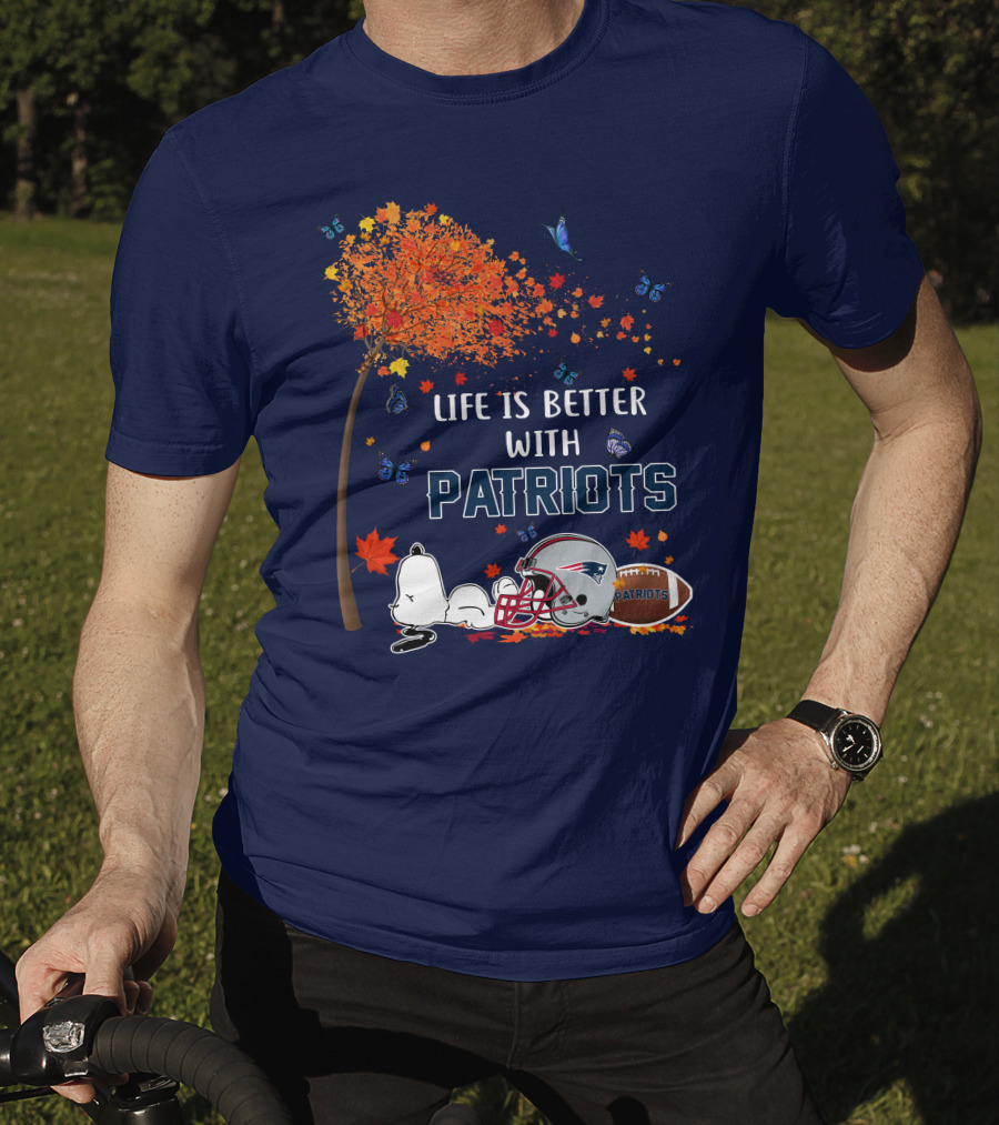Life Is Better With Patriots New England Football Autumn Leaves And Snoopy T-Shirt