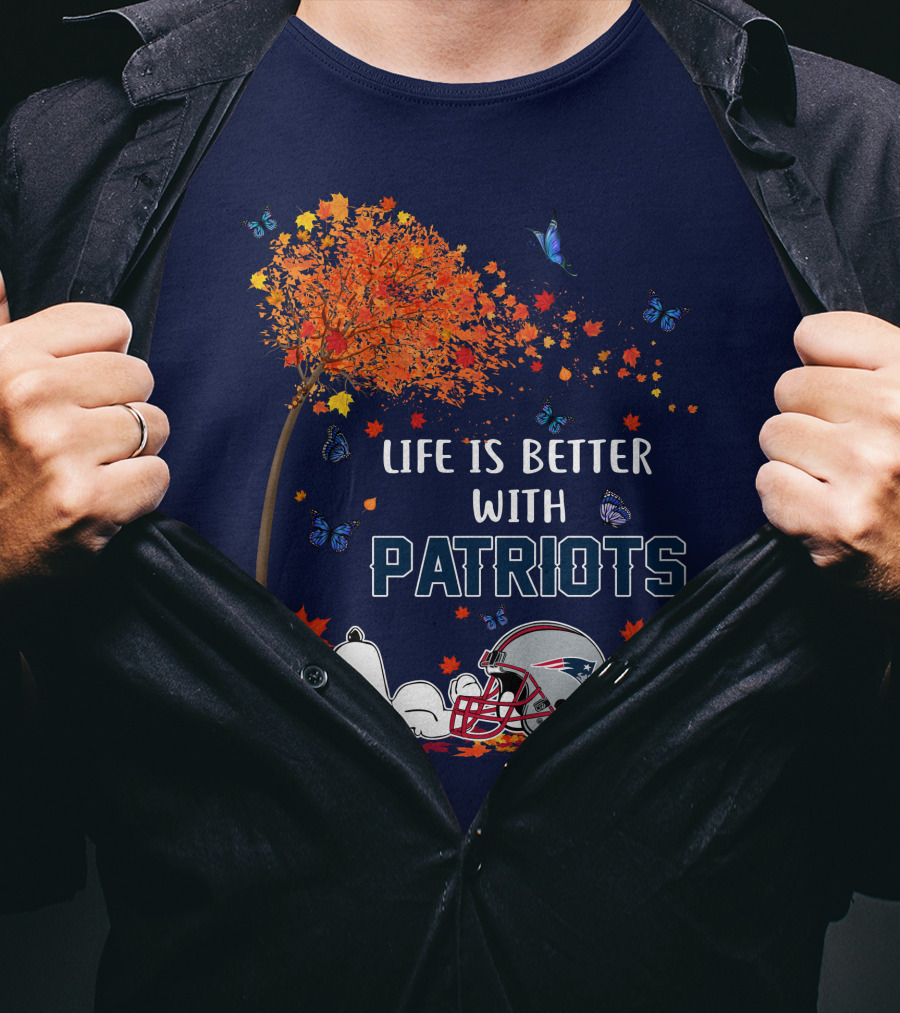 Life Is Better With Patriots New England Football Autumn Leaves And Snoopy T-Shirt