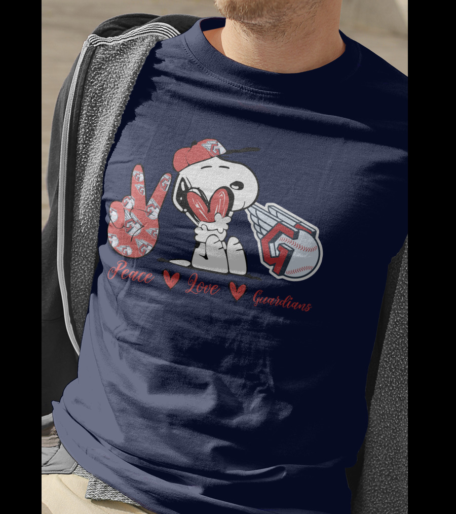 Snoopy Peace Love Cleveland Guardians Baseball Iconic Imagery With Red Heart And Cap T-Shirt
