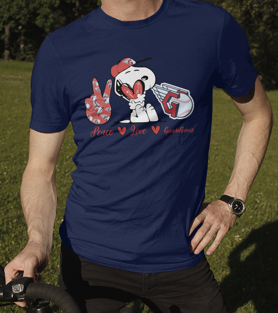 Snoopy Peace Love Cleveland Guardians Baseball Iconic Imagery With Red Heart And Cap T-Shirt