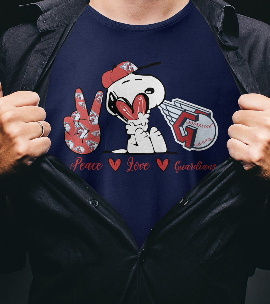 Snoopy Peace Love Cleveland Guardians Baseball Iconic Imagery With Red Heart And Cap T-Shirt