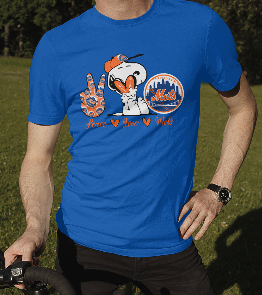 Snoopy Peace Love Mets New York City Skyline Baseball T-Shirt