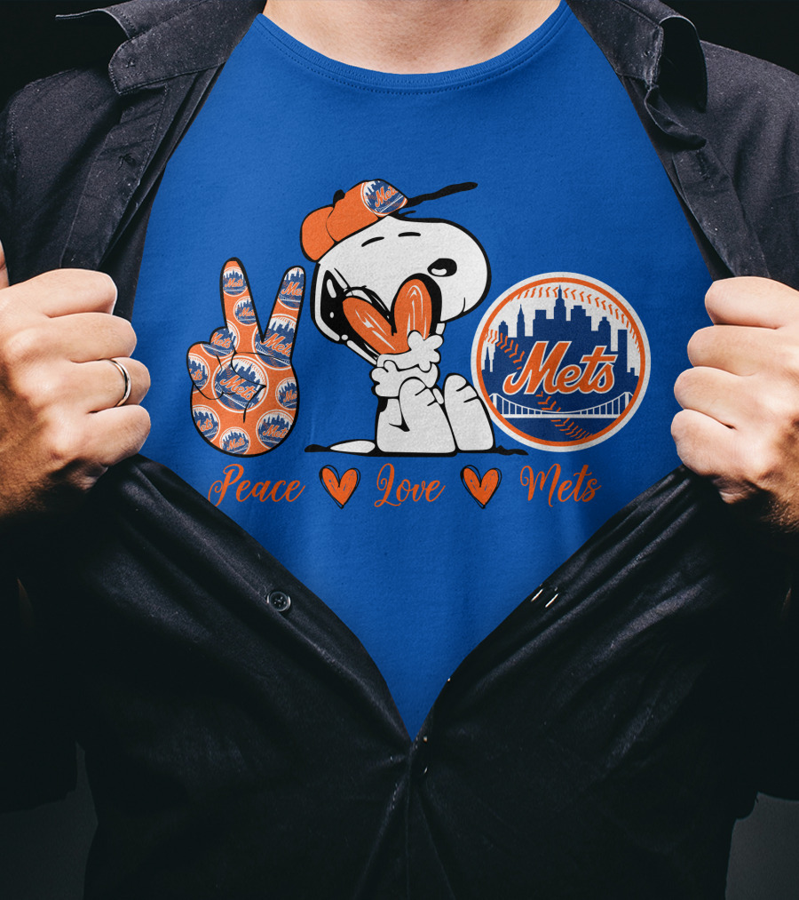 Snoopy Peace Love Mets New York City Skyline Baseball T-Shirt
