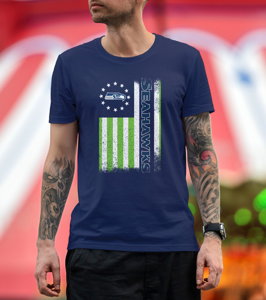 Seattle Seahawks American Flag Green Stripes 12 Stars T-Shirt