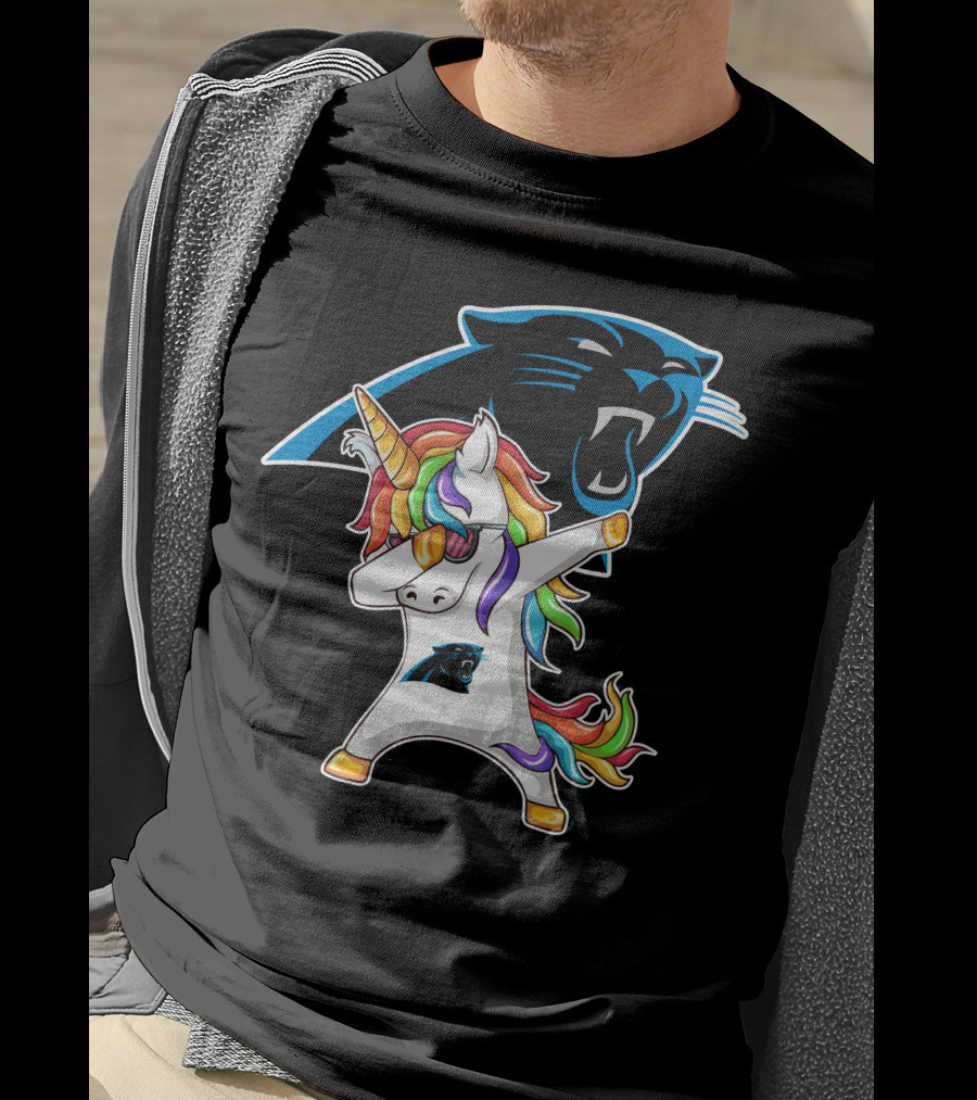 Carolina Panthers Unicorn Dabbing With Team Logo And Rainbow Mane T-Shirt