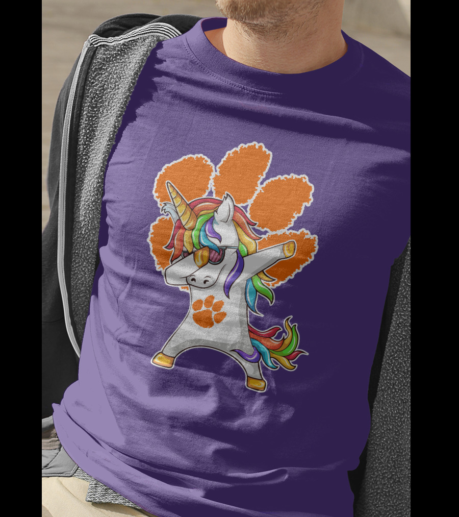Clemson Tigers Dabbing Unicorn Paw Print Rainbow Mane T-Shirt