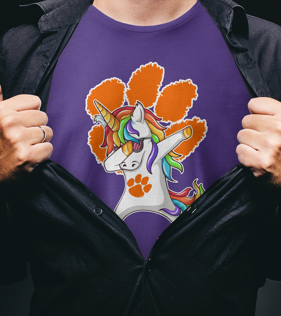 Clemson Tigers Dabbing Unicorn Paw Print Rainbow Mane T-Shirt