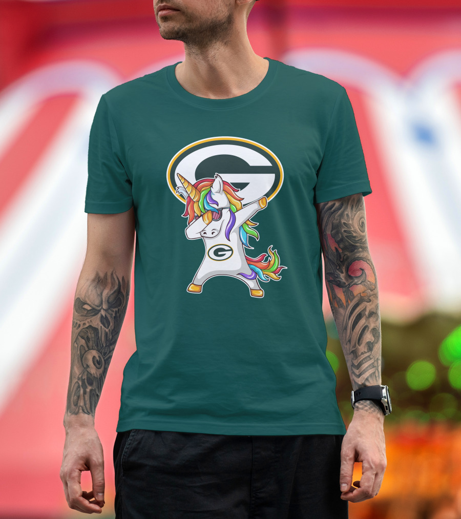 Green Bay Packers Dabbing Unicorn with Team Logo and Rainbow Mane T-Shirt