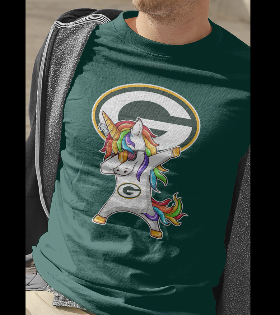 Green Bay Packers Dabbing Unicorn With Team Logo And Rainbow Mane T-Shirt