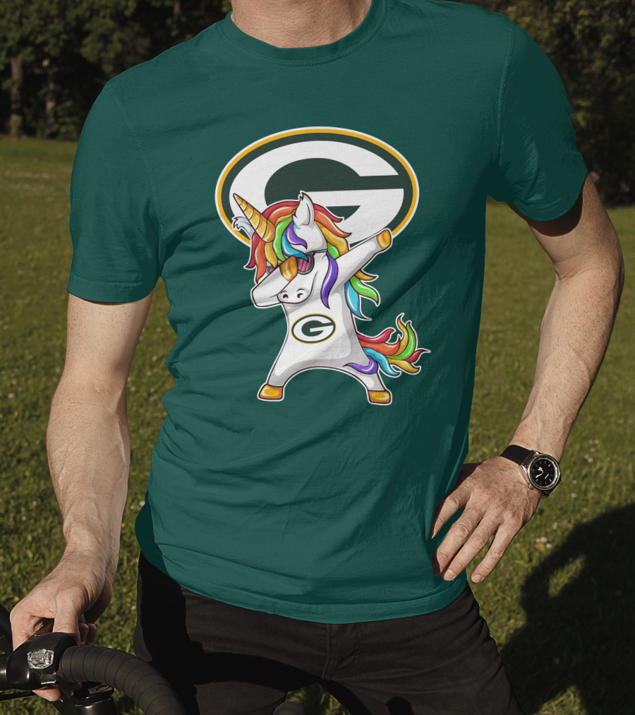 Green Bay Packers Dabbing Unicorn With Team Logo And Rainbow Mane T-Shirt