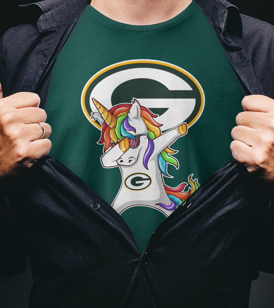 Green Bay Packers Dabbing Unicorn With Team Logo And Rainbow Mane T-Shirt