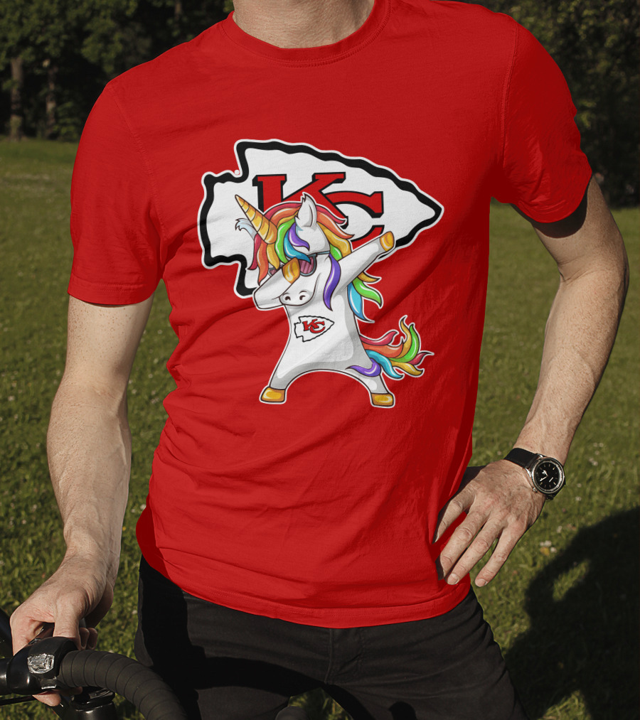 Kansas City Chiefs Unicorn Dabbing KC Logo Rainbow Mane T-Shirt