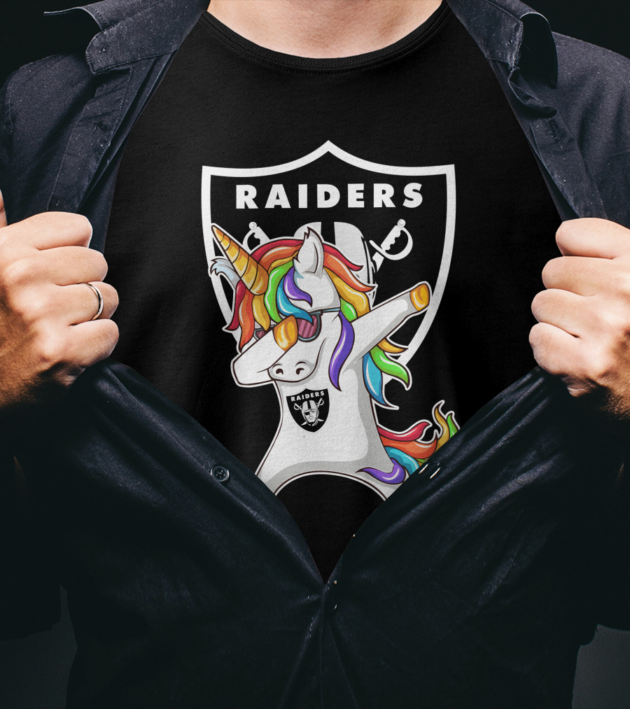 Las Vegas Raiders Unicorn Dabbing With Rainbow Mane In Shield T-Shirt