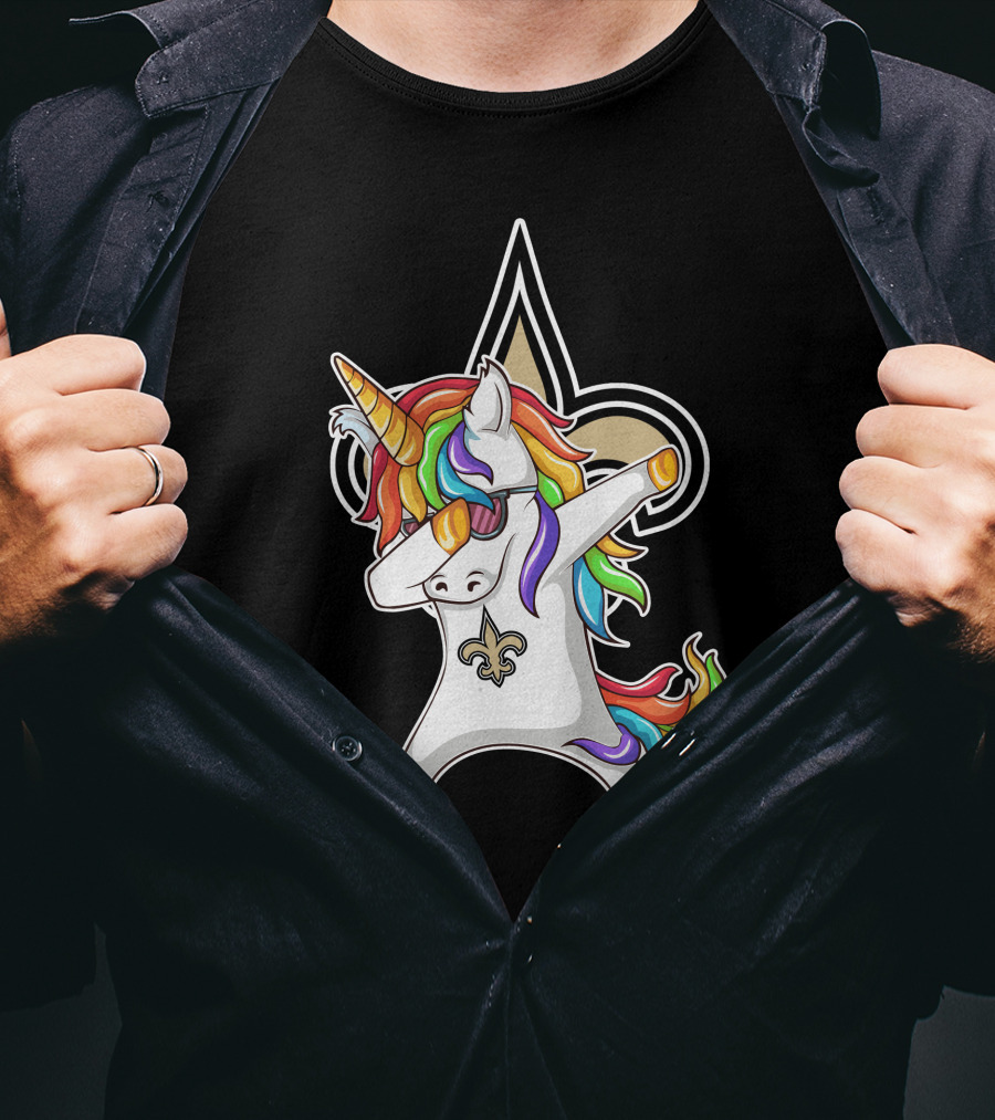New Orleans Saints Unicorn Dabbing Fleur-de-Lis Rainbow Mane T-Shirt