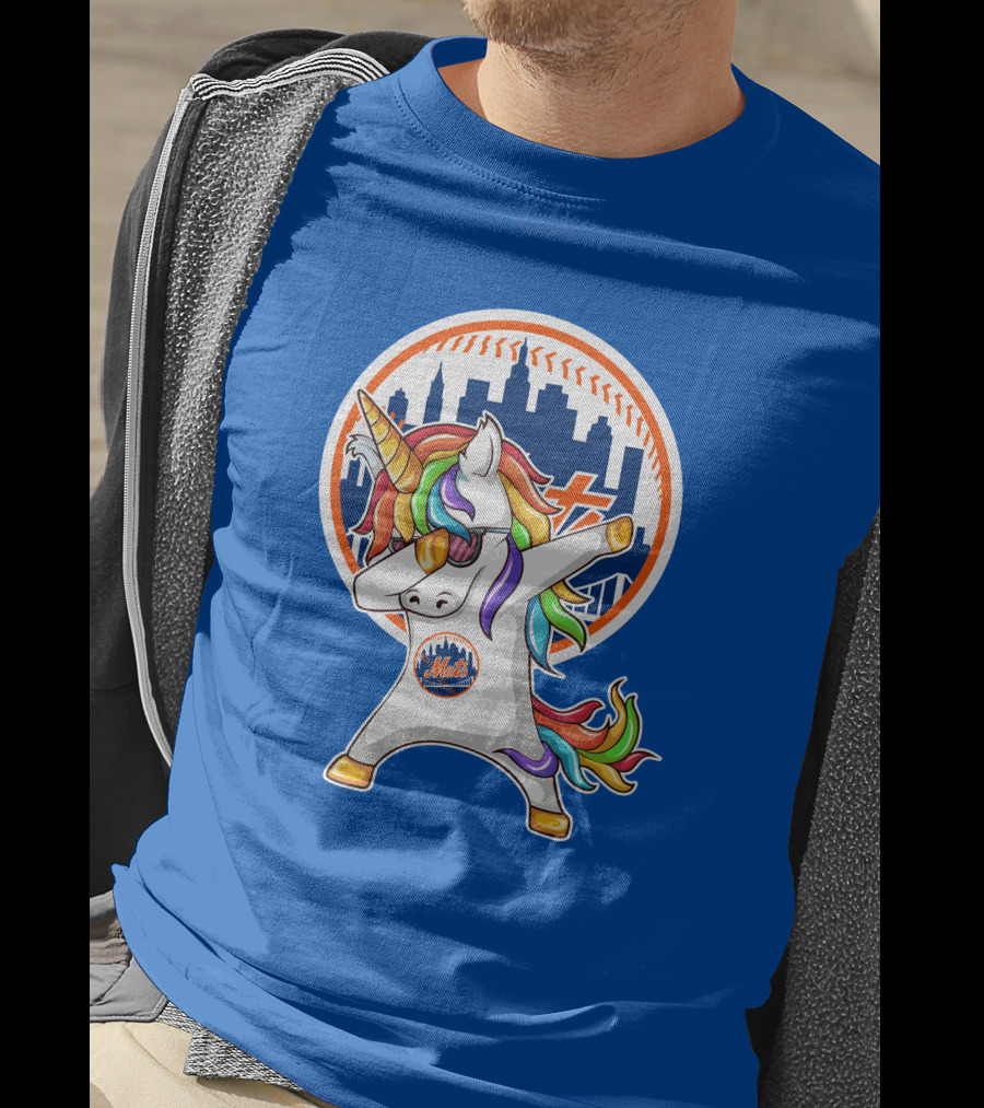 New York Mets Unicorn Dabbing Rainbow Skyline Baseball T-Shirt